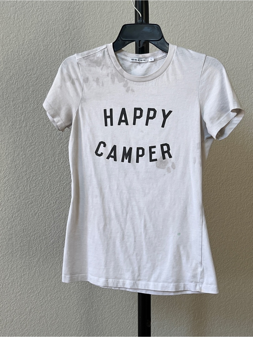 Distressed Upcycled Indie Sleaze Stained Happy Camper Short Sleeve Tee - White L